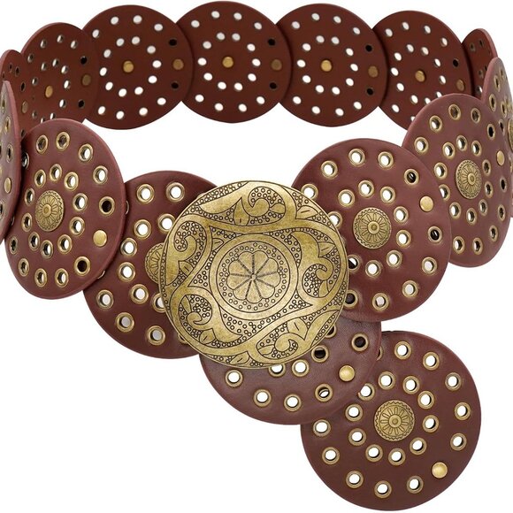 Wide Disc Belt for Women Boho Concho Leather Belts Vintage Western Waist Belt